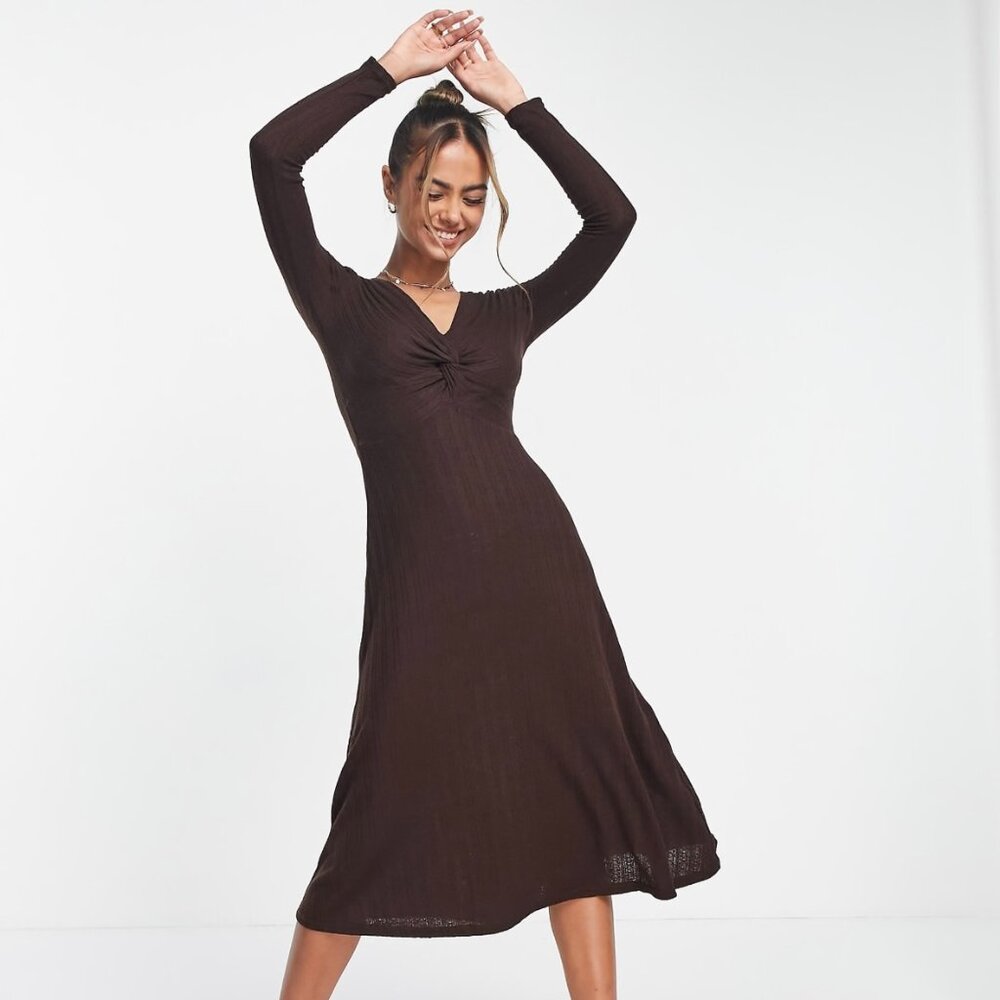 Urban Revivo twist front midi dress in brown (ASOS)